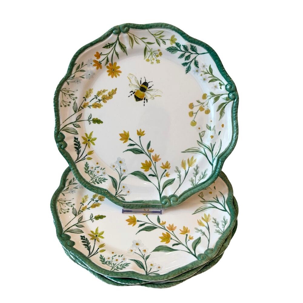 4pc Soho Loft Floral Bumblebee Melamine Dinner Plates 11" Scalloped  NEW